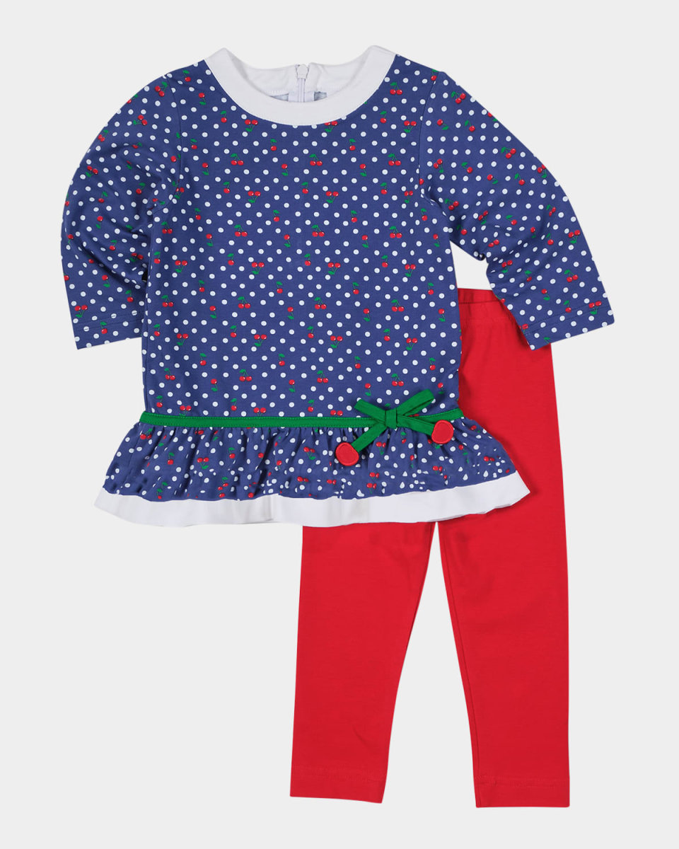 Girl's Polka Dot Cherry Knit Tunic Top & Leggings Set, Size 2-6